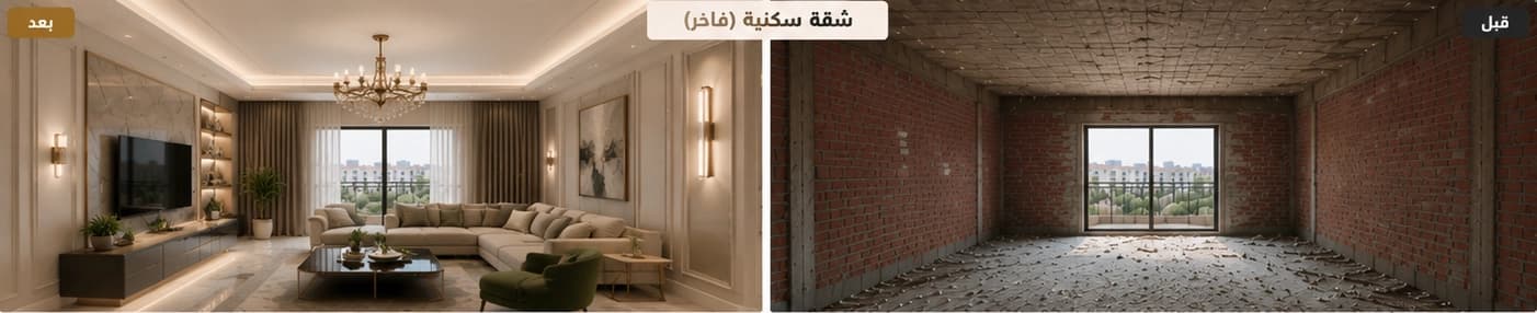 صورة قبل وبعد لشقة سكنية فاخرة — بعد التشطيب على اليسار وقبله على اليمين
