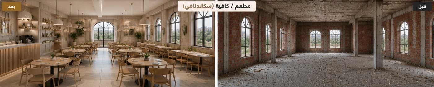 صورة قبل وبعد لمطعم / كافيه بطراز سكاندنافي — بعد التنفيذ على اليسار وقبله على اليمين